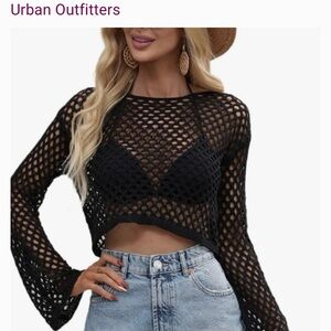Urban Outfitters Black Crochet Cropped Top Long Sleeve